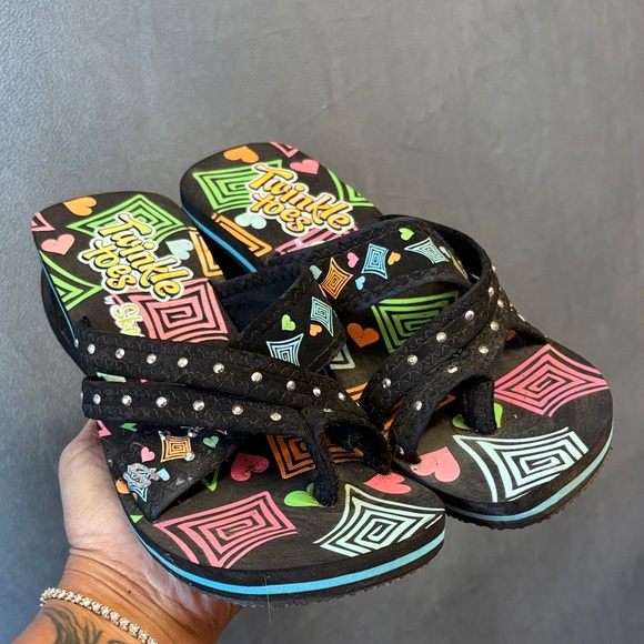 Rare Skechers Twinkle Toes Wedge Sandals Black Rhinestone Y2K Size 5 Foam Beachy - Picture 1 of 8
